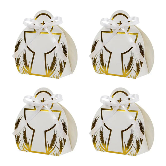 50PCS Recycled Materials Christening Holy Grail Design Candy Treat Foldable Paper Box Ribbon Baptism Cross Cookie Baby Shower