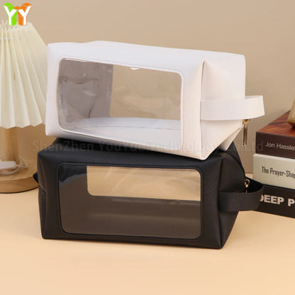 Portable Transparent PVC Toiletry Bags PU Leather Waterproof Zipper Wash Bag Women Makeup Cosmetic Bag for Traveling