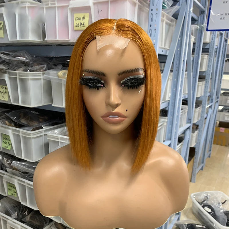 Short Medium Split Non-glue Human Hair Wig Double Straightened Bob Front Lace 6-12 Inches Black Transparent European Hair Mix