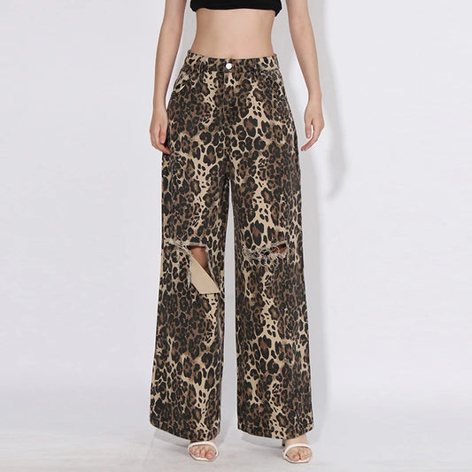 TWOTWINSTYLE Casual Vintage Fashion Leopard Denim High Waist Wide-Leg Pants Broken Holes Straight Loose Fit Breathable Design