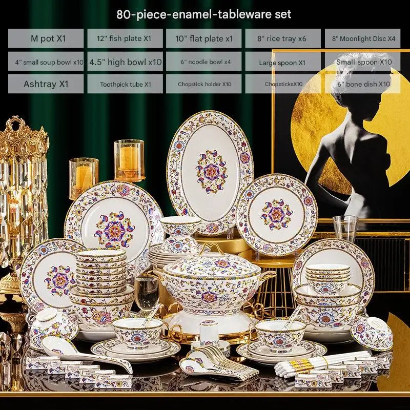 Luxury Enamel Flower Dinnerware Set Golden Rim White Porcelain Dinner Plates Soup Bowls Set Tableware for Wedding Gifts