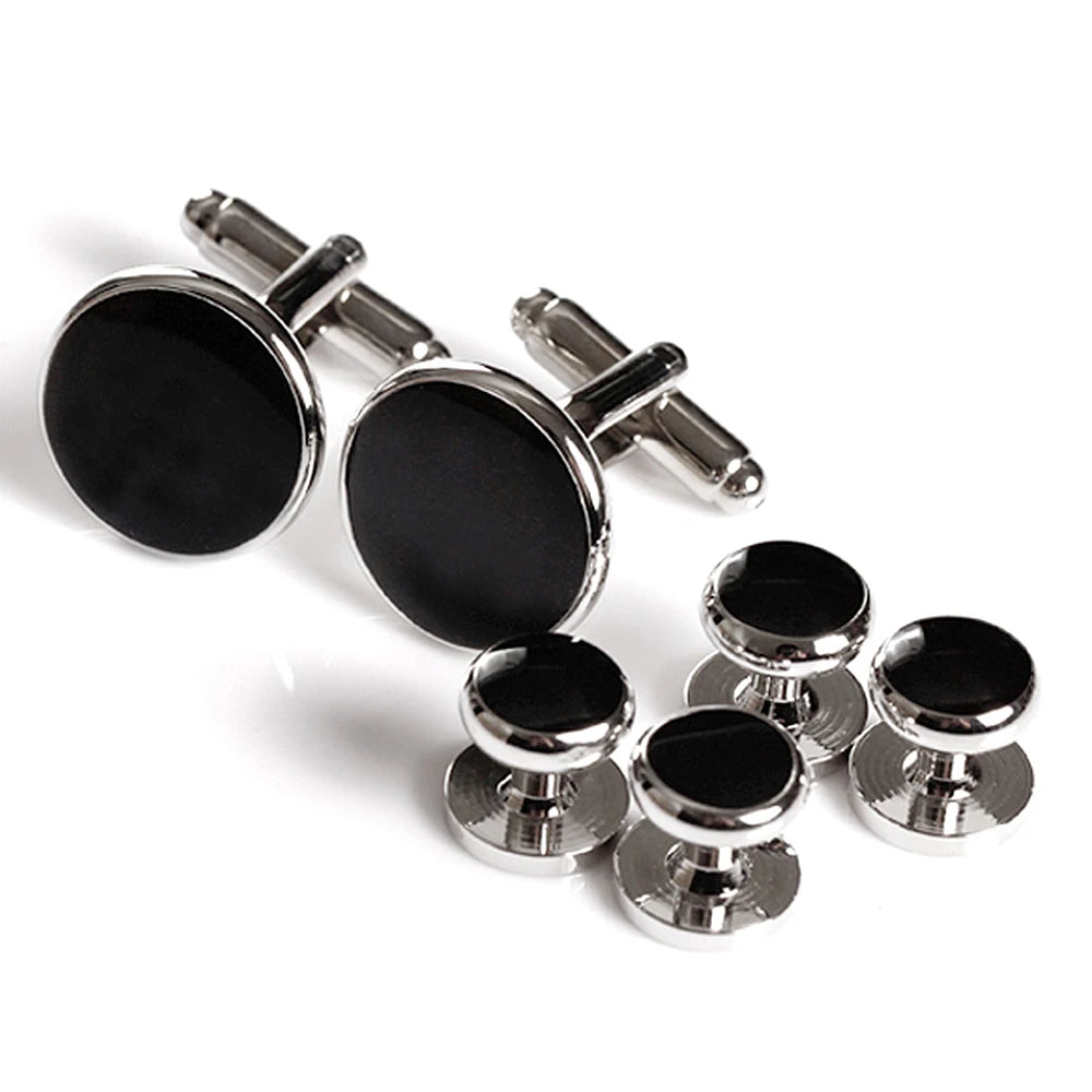 Gold Plated Metal Buttons Cufflinks Enamel Studs Set for Men's Tuxedo Shirt