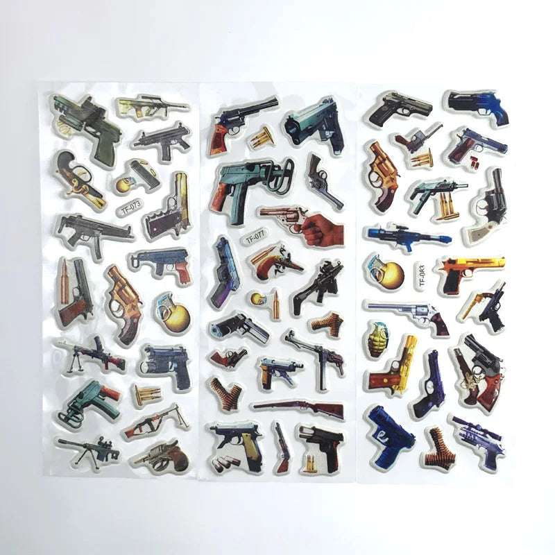 12Sheets/Set Military Fans Weapon Gun Pistol Stickers for Kids Boys PVC Bubble Scrapbook DIY Toys