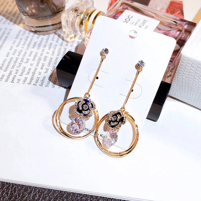 Korea Fashion Black Enamel Camellia Earrings Women Luxury brand Long Big Cubic Zirconia Drop Earrings Wedding Jewelry Z277