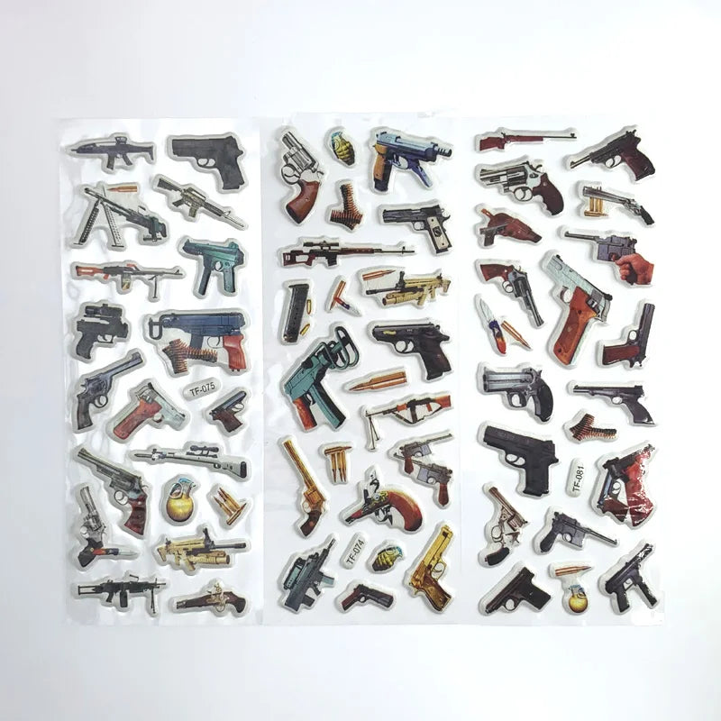 12Sheets/Set Military Fans Weapon Gun Pistol Stickers for Kids Boys PVC Bubble Scrapbook DIY Toys