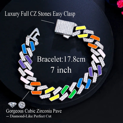 Glittering Colorful Unique Design Jewelry Cubic Zirconia Stone Paved Enamel Chunky Cuban Chain Link Bracelets Bangles for Women
