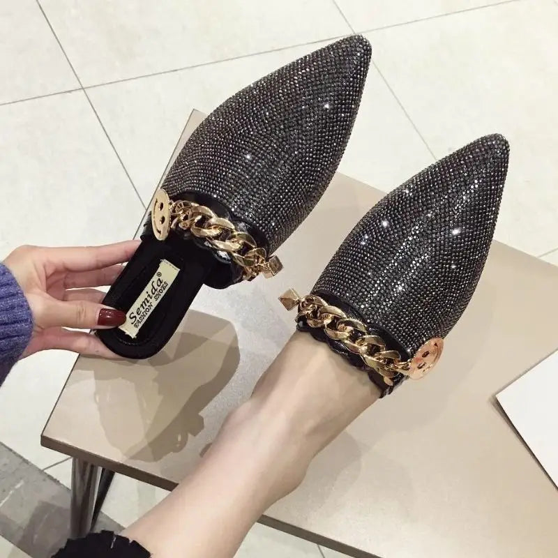 Full Rhinestone Scarpe Mule Outdoor Slippers Closed Toe Female Women Loafer Spring  Flat Shoes with Diamonds