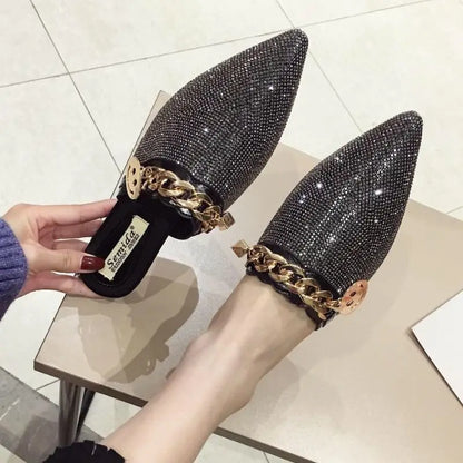 Full Rhinestone Scarpe Mule Outdoor Slippers Closed Toe Female Women Loafer Spring  Flat Shoes with Diamonds