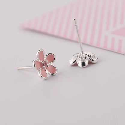 925 Sterling Silver Pink Flower Stud Earrings - Elegant Wedding Jewelry for Women