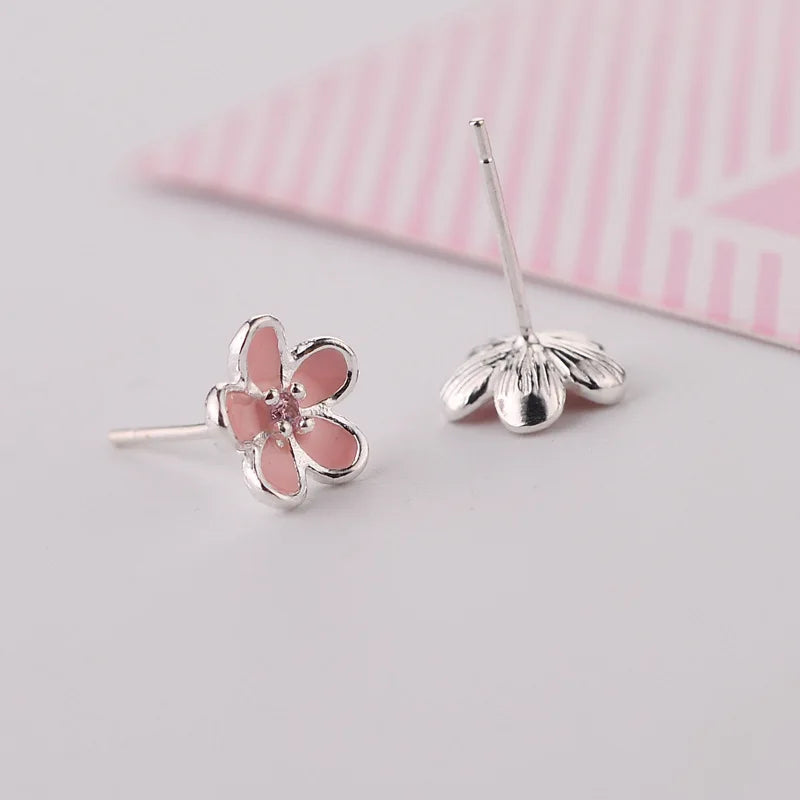 925 Sterling Silver Pink Flower Stud Earrings - Elegant Wedding Jewelry for Women