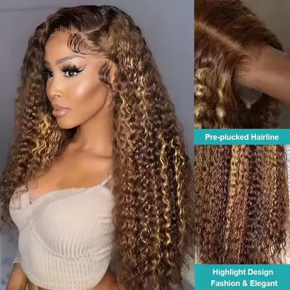 4/27 Highlight Ombre Honey Blonde Kinky Curly 13x4 HD Transparent Lace Front Wigs for Black Women Brazilian Human Hair Wig