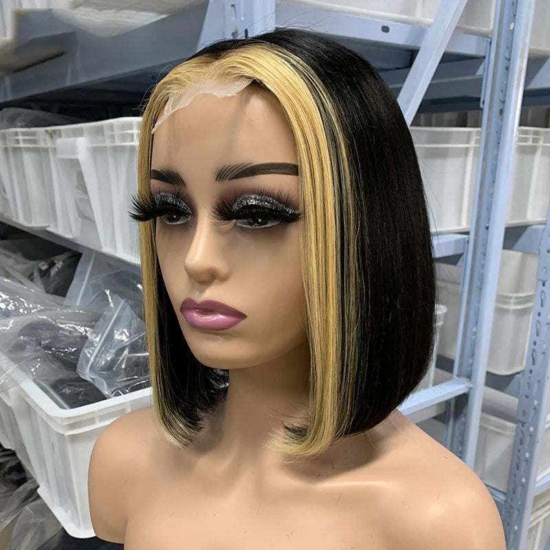 Short Medium Split Non-glue Human Hair Wig Double Straightened Bob Front Lace 6-12 Inches Black Transparent European Hair Mix