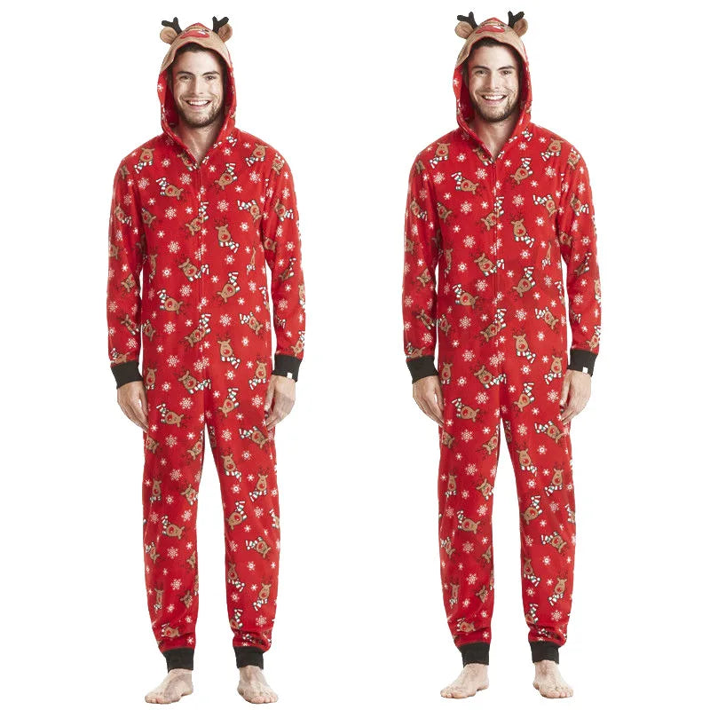 Christmas Family Matching Onesie - Elk Print Hooded Jumpsuit Pyjamas for Mom Dad Kids