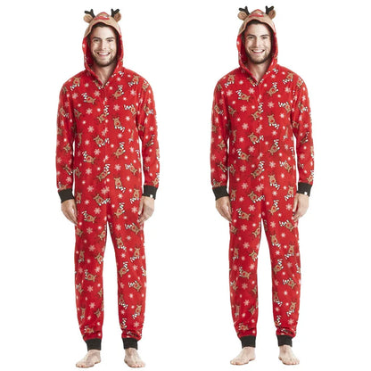 Christmas Family Matching Onesie - Elk Print Hooded Jumpsuit Pyjamas for Mom Dad Kids