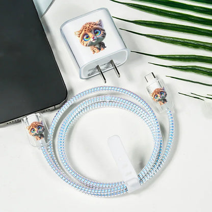 Cute Pet Dog Cat Soft TPU Protector Case for iPhone Phone Holder Stands Companion with Data Cable Charger