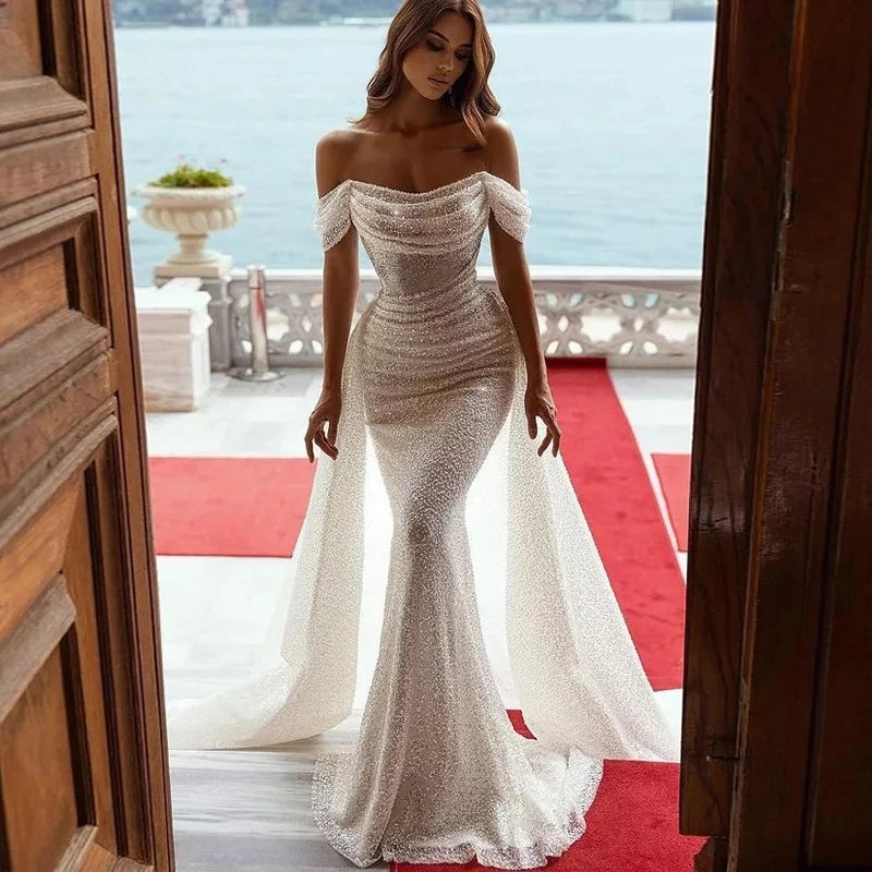 11940# Off-Shoulder Bohemian Shiny Lace Beach Mermaid Wedding Dress Short Sleeves Detachable Train Wedding Dress Bridal Gown