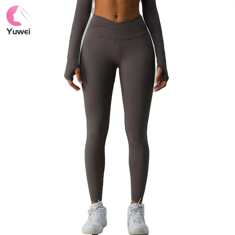 Women's High Waist Yoga Pants Cross-Over Waist Sports Leggings with Butt Lifting Effect Solid Pattern Gym Leggings for Ladies