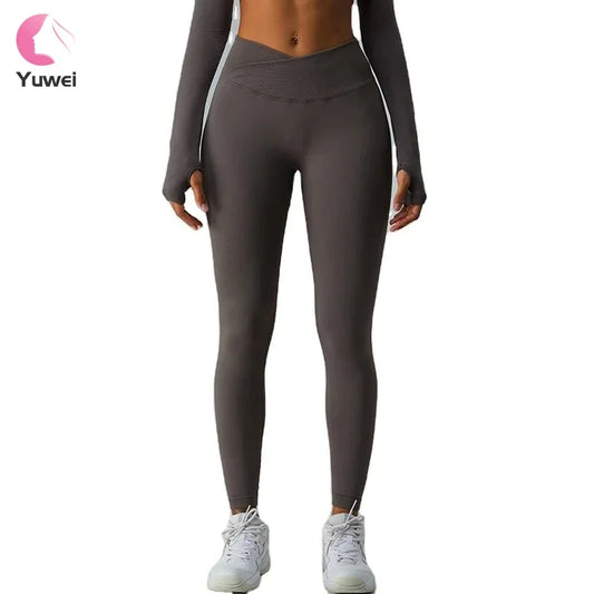 Women's High Waist Yoga Pants Cross-Over Waist Sports Leggings with Butt Lifting Effect Solid Pattern Gym Leggings for Ladies