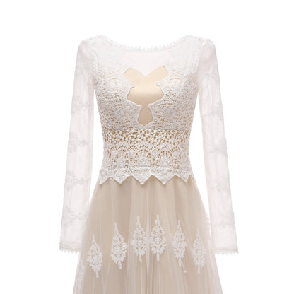 1301#  REAL PHOTO Scoop Neck Backless Beach Lace Sweep Train Boho Full Sleeve Bride Gown Wedding Dress Bridal Gown