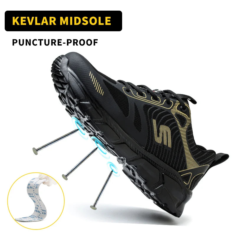 Men's Steel Toe Anti-Puncture Breathable Lightweight Indestructible Men's Breathable Woven Knit Shock Absorption Running Shoes