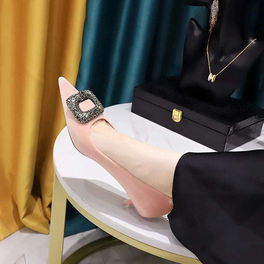Retro Women's Shoes with Thin Heel Mid Heel Shallow Mouth Pointed Toe Metal Rhinestone Buckle Single Shoe