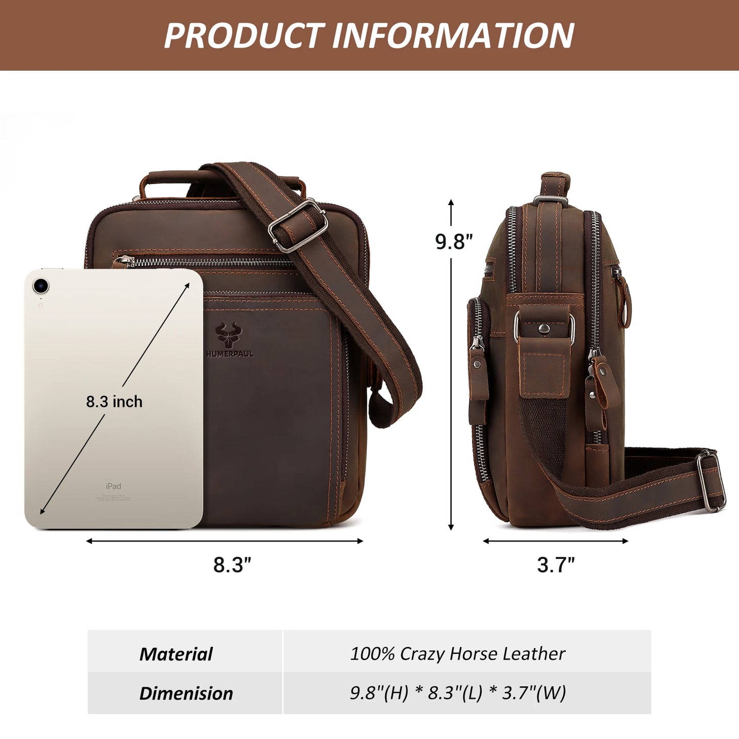 HUMERPAUL Men's Leather Shoulder Sling Bag Business Crossbody Messenger Bags for Work High Quality Male Cowhide Travel Handbag