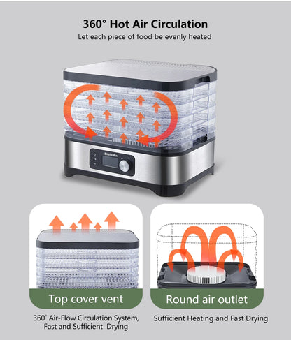 BioloMix BPA FREE 5 Trays Food Dryer Dehydrator with Digital Timer and Temperature Control for Fruit Vegetable Meat Beef Jerky