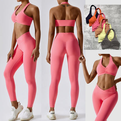 JY 2023 New Ropa Deportiva Vetements De Sport Femme Sports Halter V-neck Bra High Waist V-cut Leggings Pants 2 Pcs Yoga Sets Fit