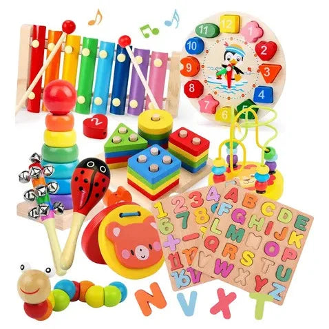 7pcs Wooden Montessori Infant and Toddler Early Education Soothing Bed Bell Toy Baby Hand-held Bell Rattle Instrument Set