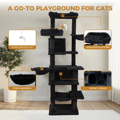 [Low stock] Large Black Eco-Friendly Durable 5-Level Cat Tree Condo Hammock Scratching Post Free Shipping for Indoor Use Kittens Adult Cats