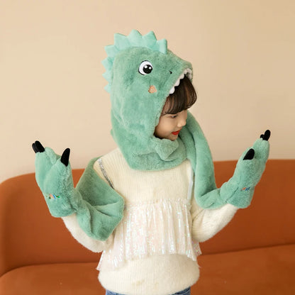 Cute Animal Thermal Children Hoodie Beanie Warm Fur Winter Kids Hat Scarf and Gloves Set