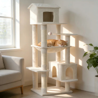 Freestanding Cat Tree US in Stock Free Shipping with Roomy Condo Cozy Hammock Cute House Natural Sisal Rope