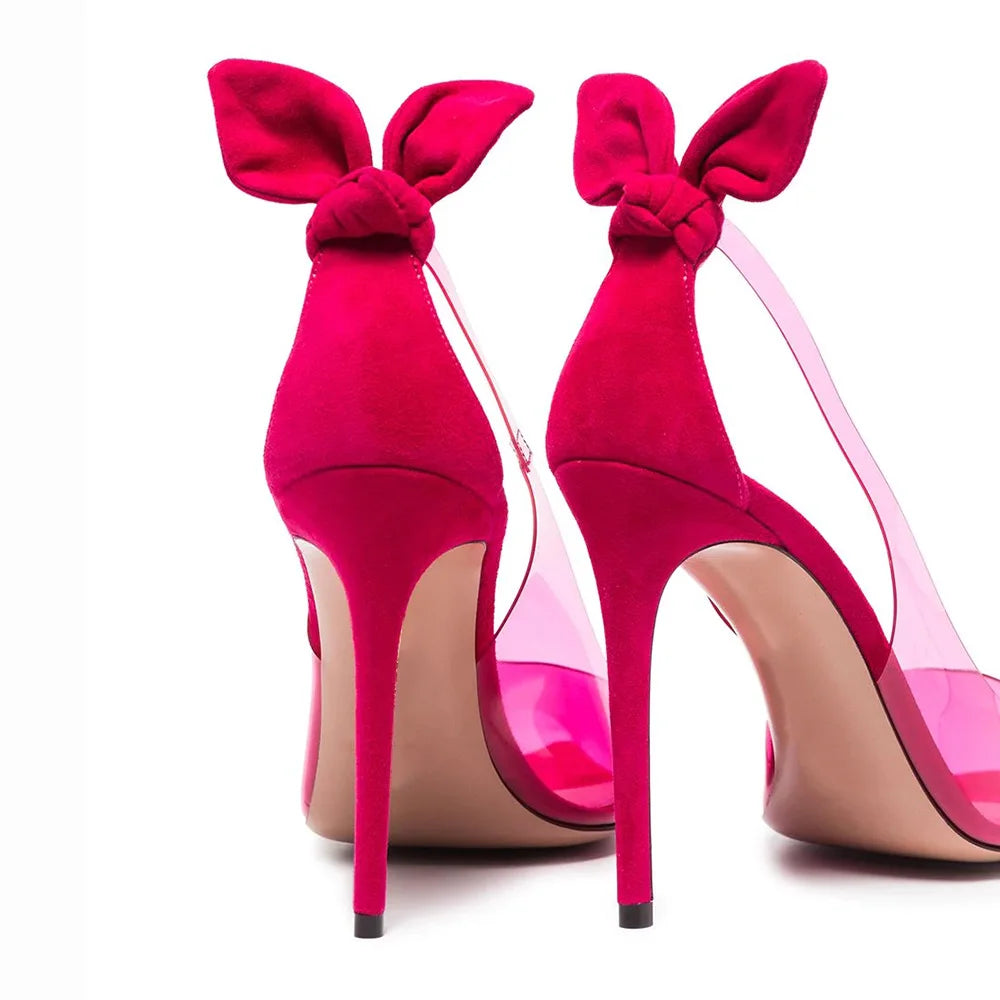 Plus Size Pointed Toe Hot Pink PVC Clear High Heels Stilettos Bow Knotted Women Sexy Pumps Party