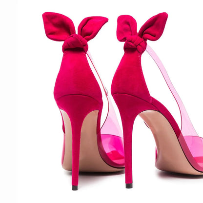 Plus Size Pointed Toe Hot Pink PVC Clear High Heels Stilettos Bow Knotted Women Sexy Pumps Party