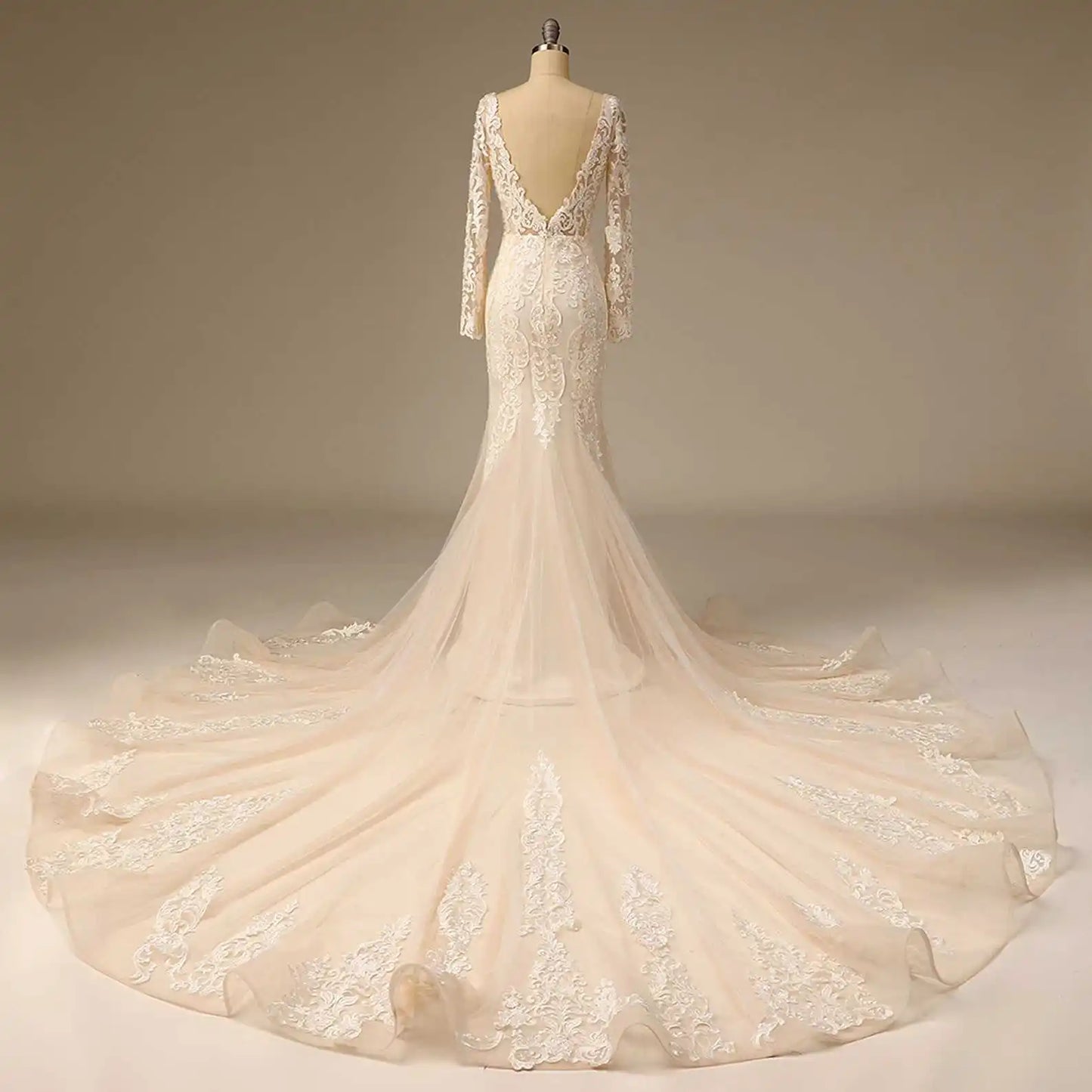 11988#Long Sleeves Sexy V-Neck Bohemian Backless Beach Mermaid Wedding Dress Sweep Train Lace Applique Wedding Dress Bridal Gown