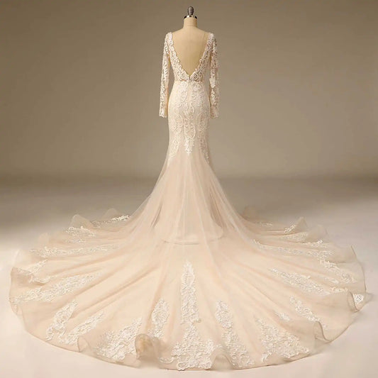 11988#Long Sleeves Sexy V-Neck Bohemian Backless Beach Mermaid Wedding Dress Sweep Train Lace Applique Wedding Dress Bridal Gown