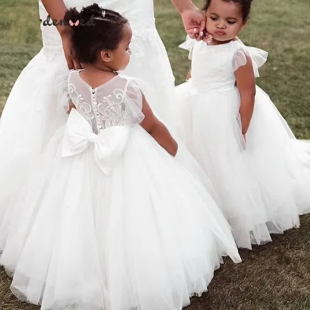 Morili Puffy Big Size Appliqued Lace Ball Gown Sheer Neck White Appliques Kids Wedding Flower Girl Dresses MF432