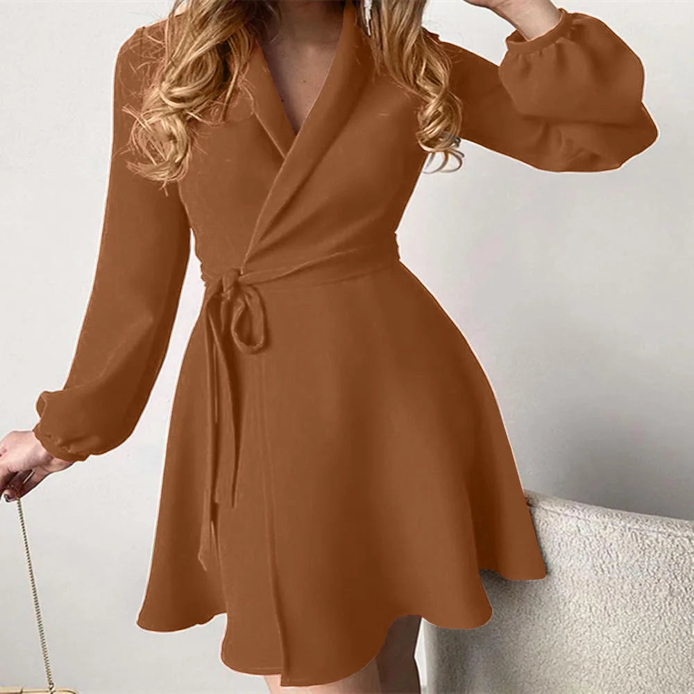 Spring Autumn Occident Design Women's Cross V-neck Causal Long Sleeve Dresses With Belt Floral Printing Elegant Dress