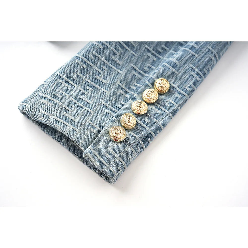 2024 Bettergirl Autumn Winter Denim Patchwork Jacquard Pattern Metal Buckle Suit