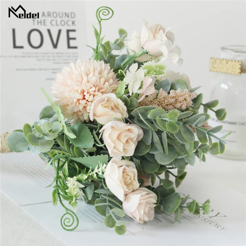 Meldel Wedding Flower Bouquet Artificial Silk Rose Lucky Ball Flower Home Wedding Decor Bride Bouquet Forest Style Eucalyptus