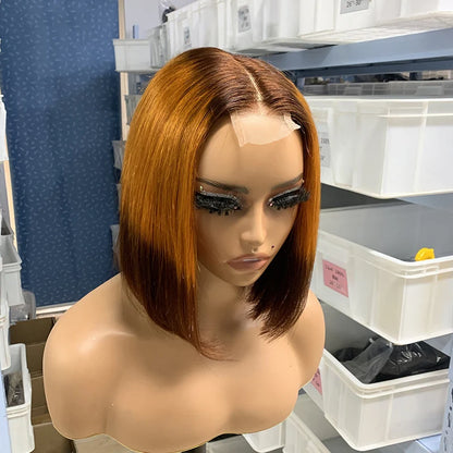 Short Medium Split Non-glue Human Hair Wig Double Straightened Bob Front Lace 6-12 Inches Black Transparent European Hair Mix