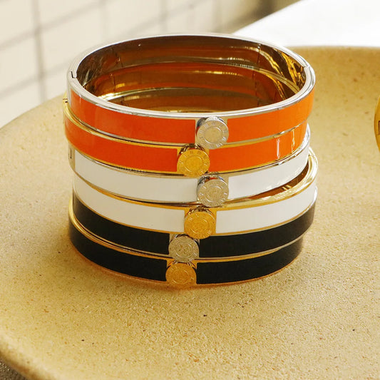 High Quality Vintage 18K Gold Plated Roman Numerals Colored Glue Enamel Stainless Steel Bracelets Fashion Women Jewelry Bangle