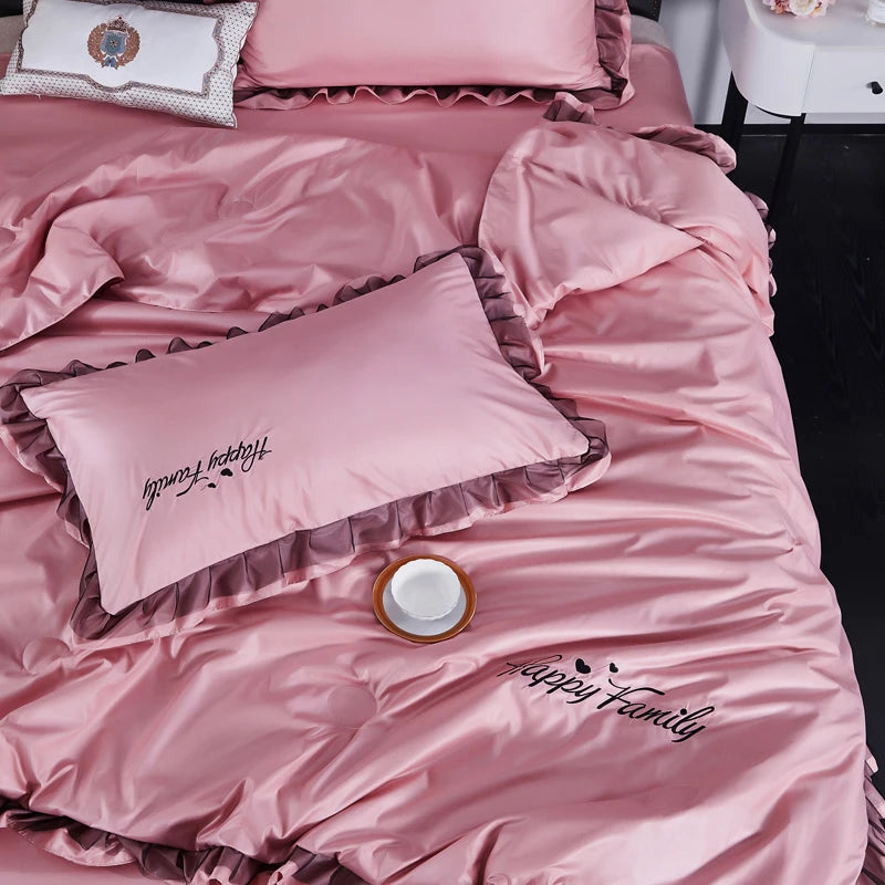 2025 Spring New Washed Silk 4PCS Bed Sheet Pink Plain Duvet Cover  with Floral Solid Cartoon Quilt Set