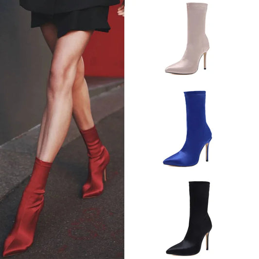 2021 Fall Woman Stretch Socks High-heeled Satin Boots Mid-tube Shoes Women Elegant Short Boots Women Shoes