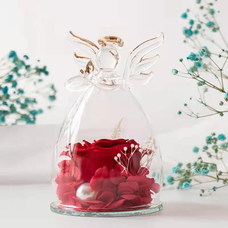 Wholesale Customized Angel Figurines Glass Dome Real Preserved Rose Flower for Valentine's Day Eternal Forever Roses Flowers