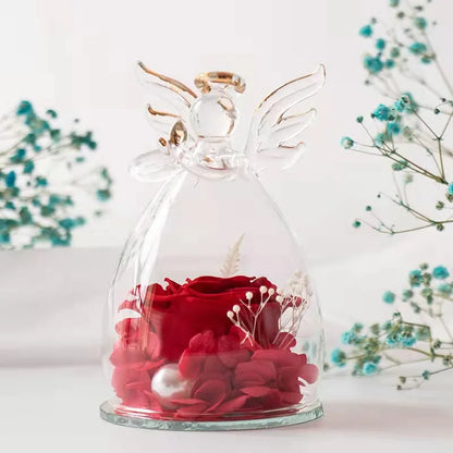Wholesale Customized Angel Figurines Glass Dome Real Preserved Rose Flower for Valentine's Day Eternal Forever Roses Flowers