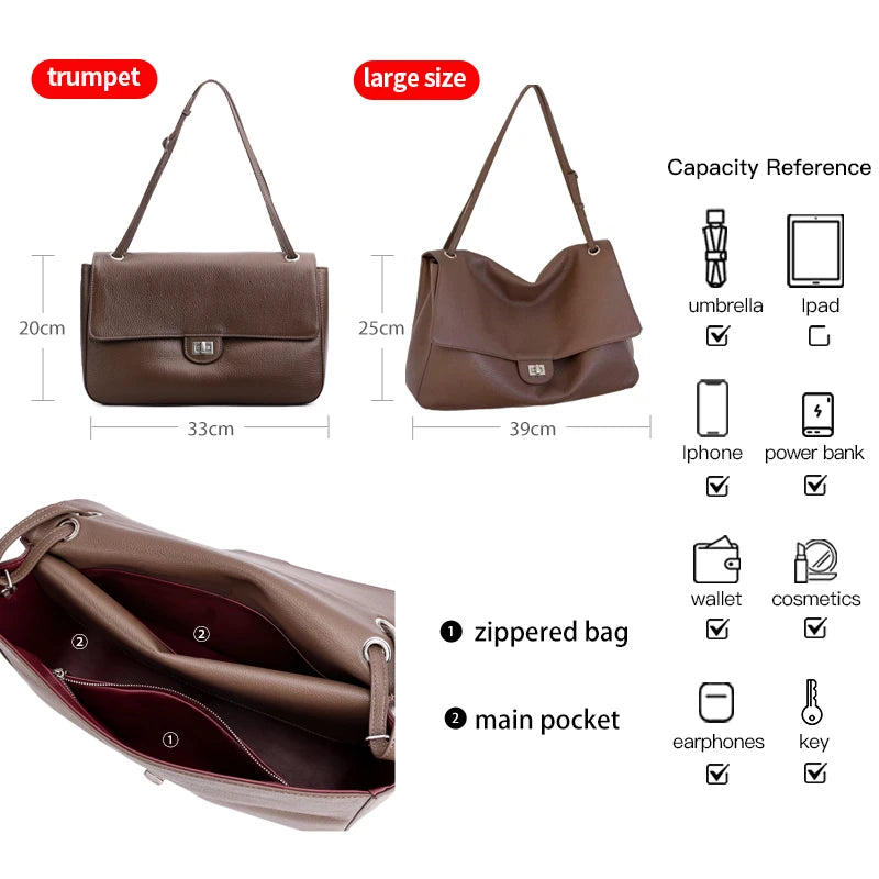 New Trending Top Grain Cowhide Leather Women's Maxi Flap Totes Shoulder Bags Ladies Crossbody Bags Fashion Classic Messenger Bag