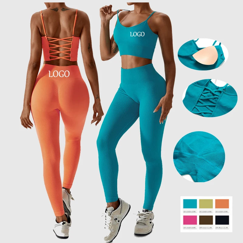 Joyyoung ODM/OEM New Sexy Training Apparel Seamless Ribbed High ed Bra Scrunch Shorts Yoga Sets Fitness Sports Clothing