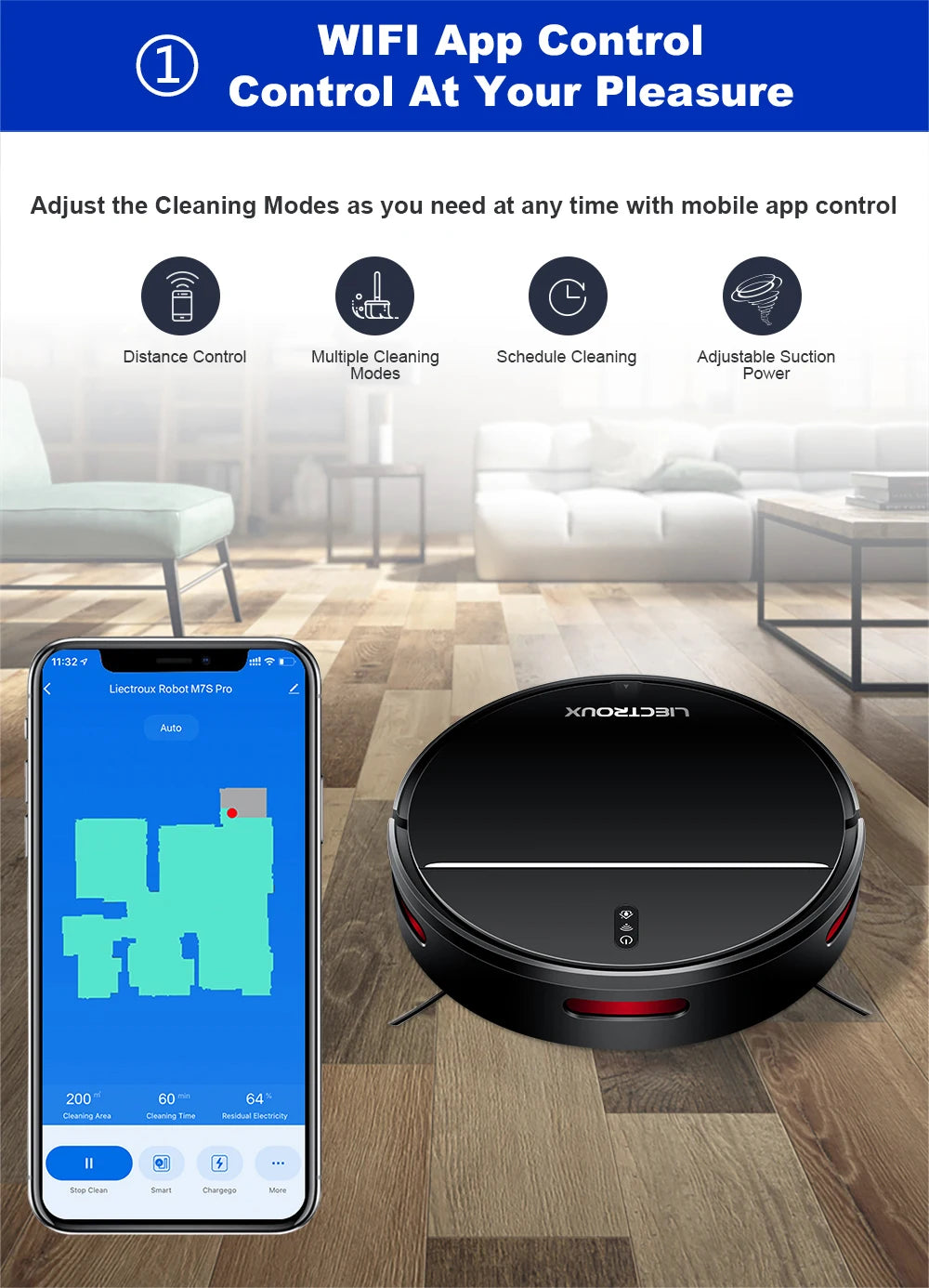 Liectroux M7S Robot Vacuum Cleaner,Smart Dynamic Navigation,4000Pa,Wet Mop,WiFi,Silent,Work with Alexa & Google Home