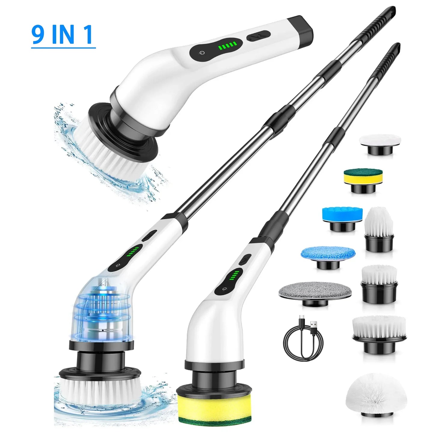 9in1 Electric Washer Cordless Electric Cleaning Brush Cleaning Bathroom Long Handle 9 Brush Heads Electric Rotating Washer